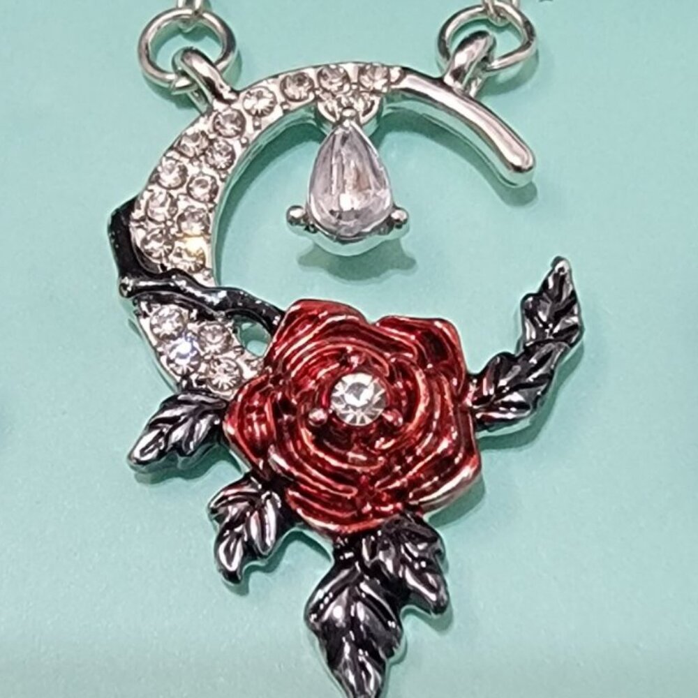 Red Rose Necklace Crescent pendant Silver Gothic Women Accessory Jewelry Gift